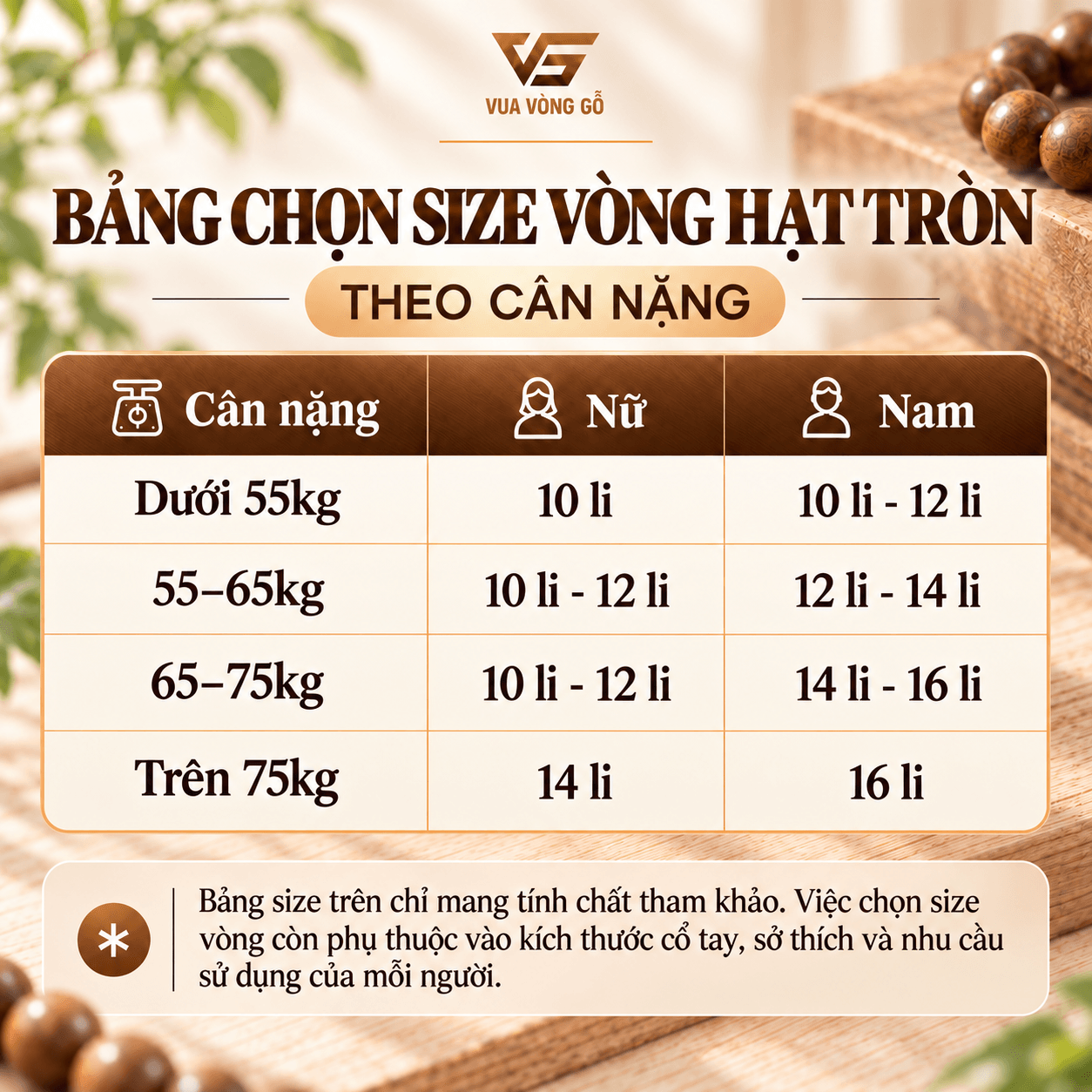 Bảng chọn size vòng gỗ kiểu Hạt tròn 10-12-14-16mm Bảng chọn size vòng gỗ kiểu Hạt tròn 10-12-14-16mm