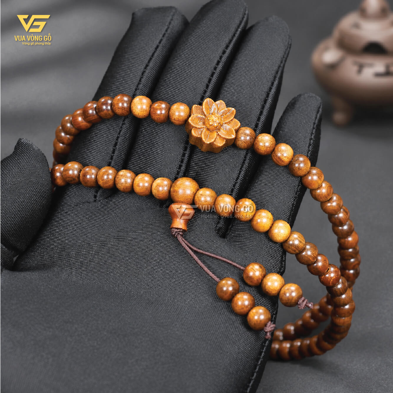 Vòng gỗ Bách Xanh 108 hạt mix Hoa Sen, chất gỗ đanh chắc, màu vàng nâu và vân gỗ tự nhiên. Vòng gỗ Bách Xanh 108 hạt mix Hoa Sen, chất gỗ đanh chắc, màu vàng nâu và vân gỗ tự nhiên.