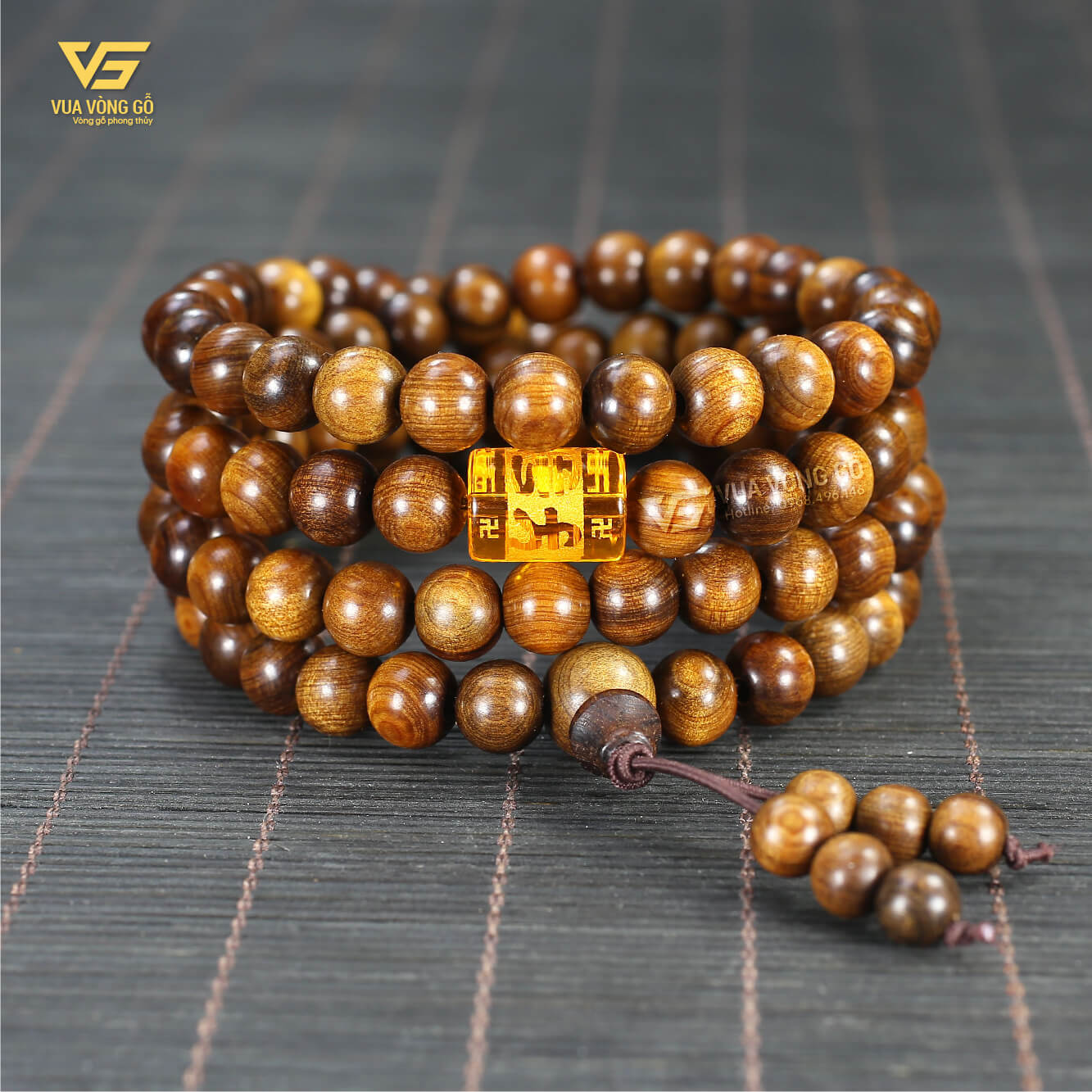 Vòng Bách Xanh 108 hạt mix Lu Thống Omani vàng, màu tượng trưng hành Thổ và Kim