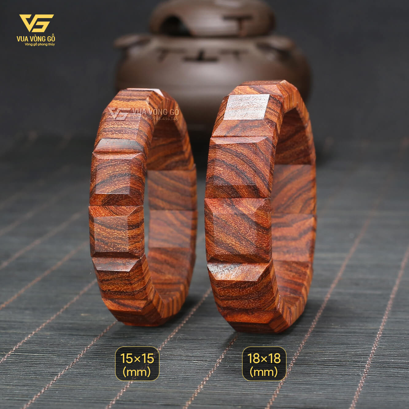 Vòng gỗ Sưa Đỏ già tím 15x15/18x18mm, kiểu bản lách vuông cá tính dành cho nam nữ